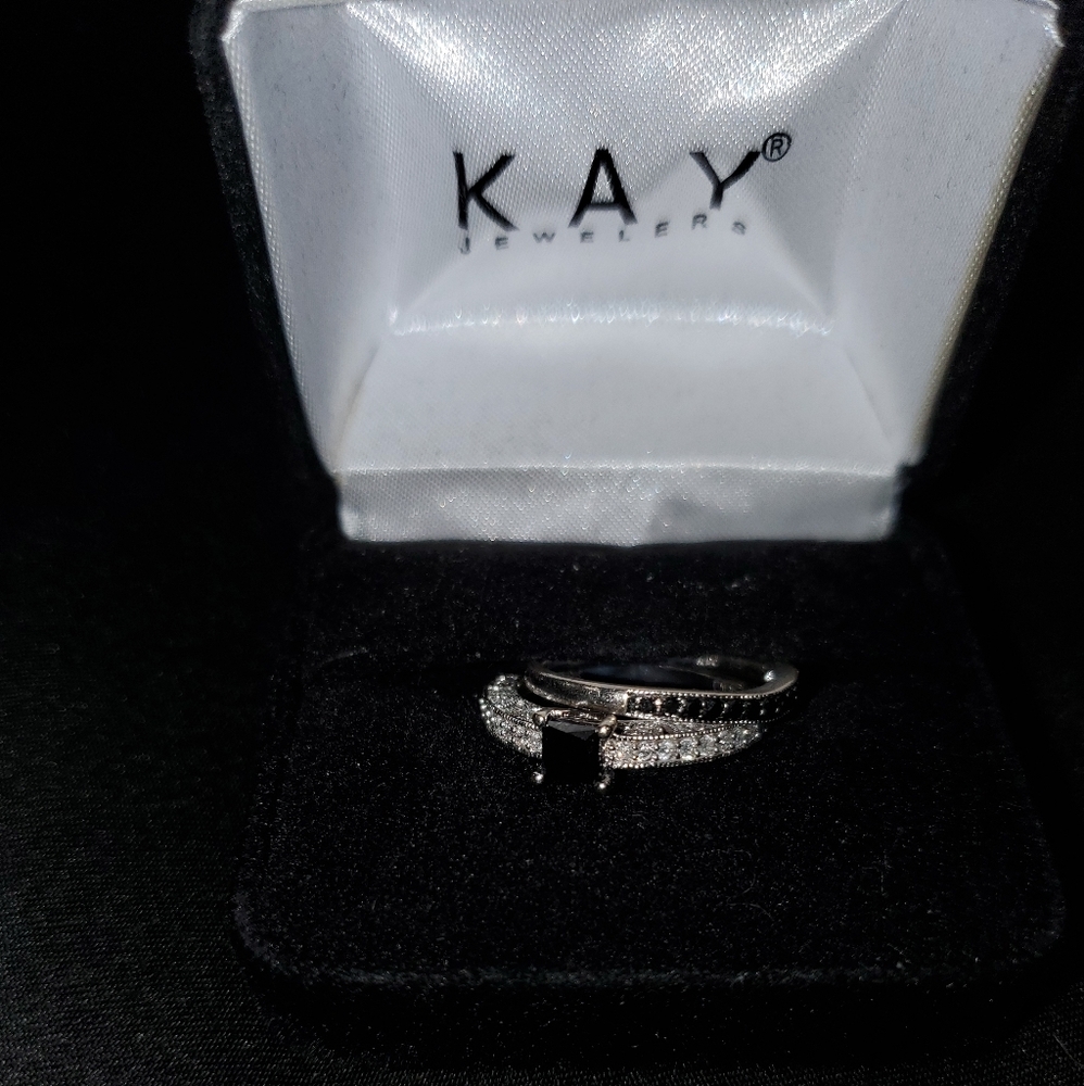 Black diamond engagement ring and matching band